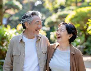 Seniors Laughing on Brisk Walk in Botanical Garden