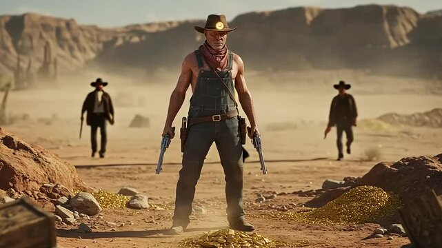 Old west outlaw stands guard over his gold in arid landscape, a tense standoff