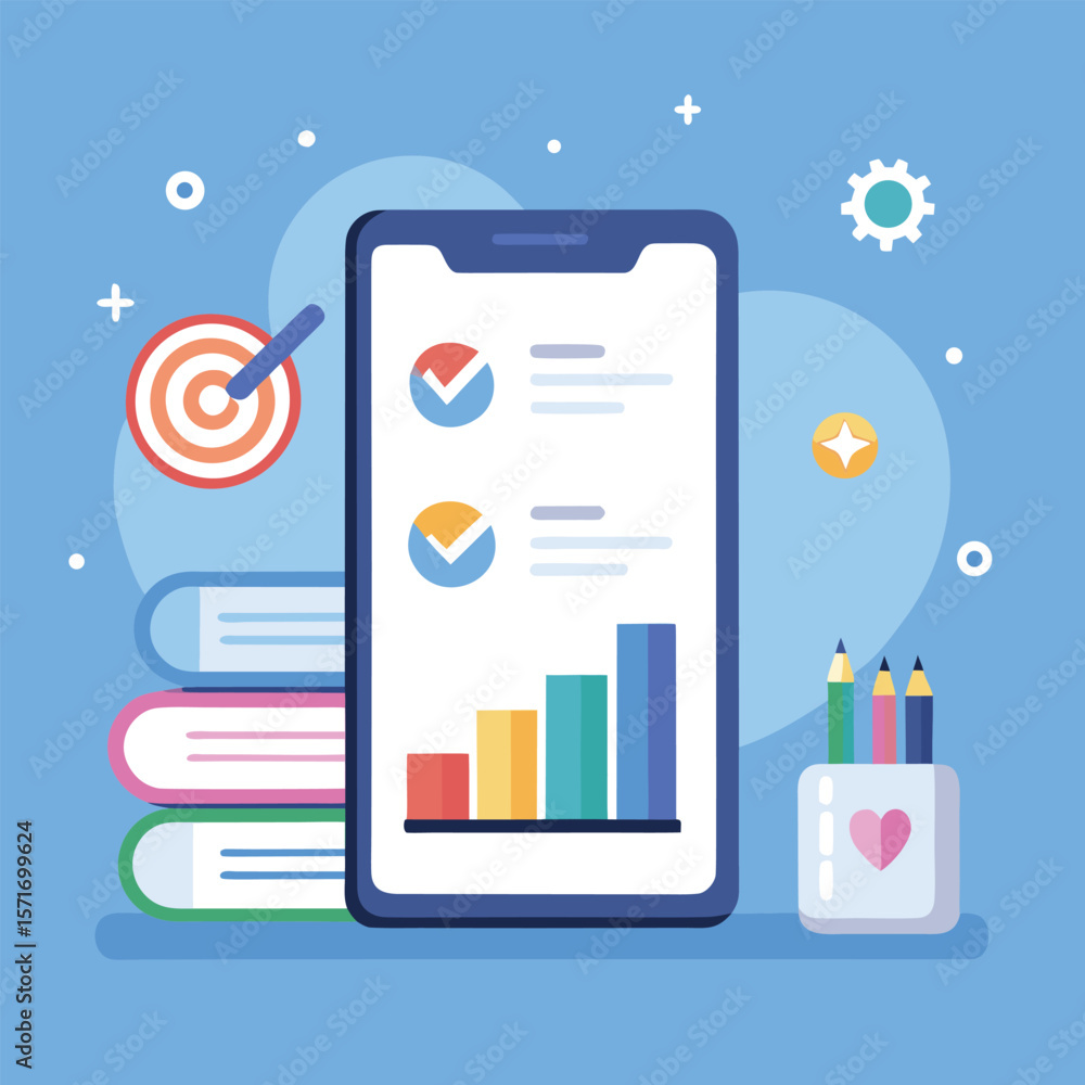 Poster colorful illustration of a smartphone displaying data charts with a goal achieved and stationery ele
