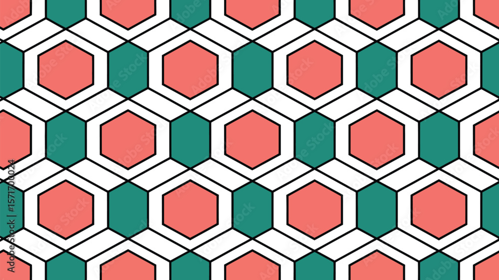 Poster repeating geometric pattern with hexagons and elongated hexagons in coral and teal