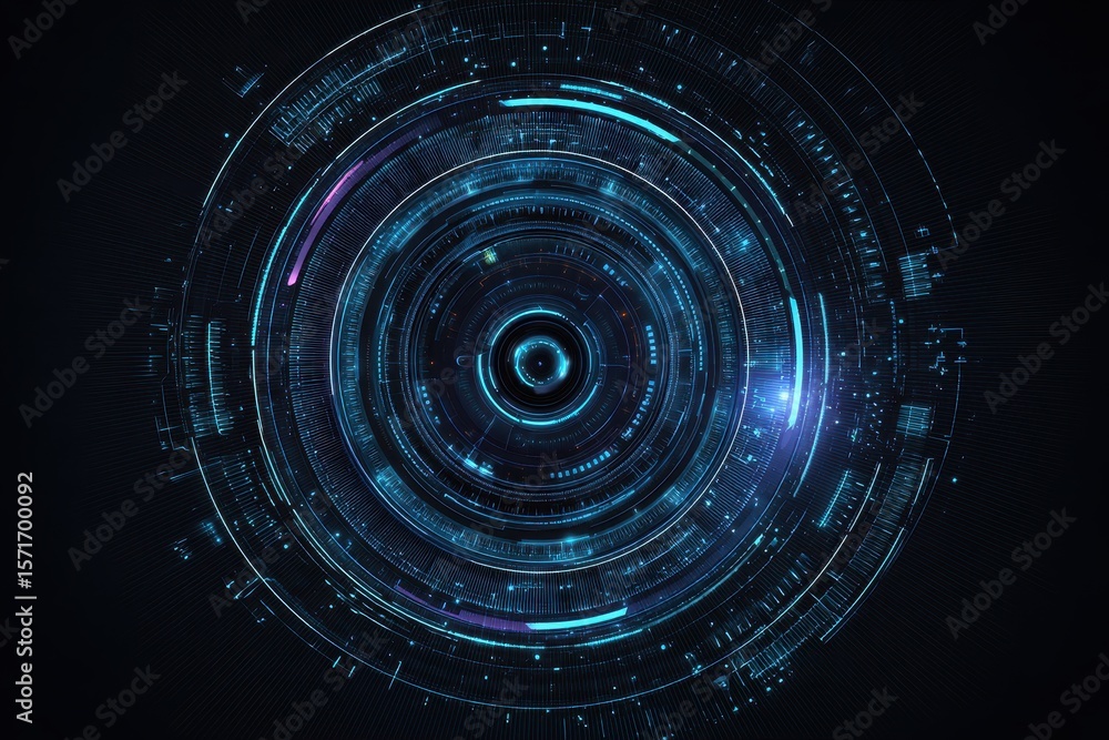 Poster futuristic technology concept featuring a circular hud design with intricate details and glowing ele