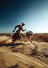 Une femme africaine courant avec un guépard, avec flou de mouvement, en plan d'ensemble, dans un style cinématographique adapté à une couverture de magazine, image avec espace pour texte.