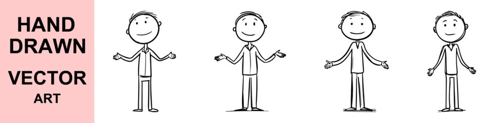 Hand drawn man cartoon stick figure character with friendly expression, open arms, vector style illustration perfect for business, presentation, and explainer animation.