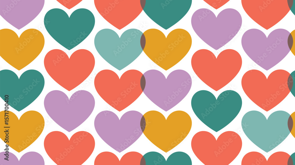 Poster a colorful pattern of overlapping hearts in various shades on a white background