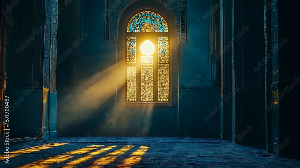 Poster sunlight streams through a colorful window into an ornate blue room, creating ethereal light