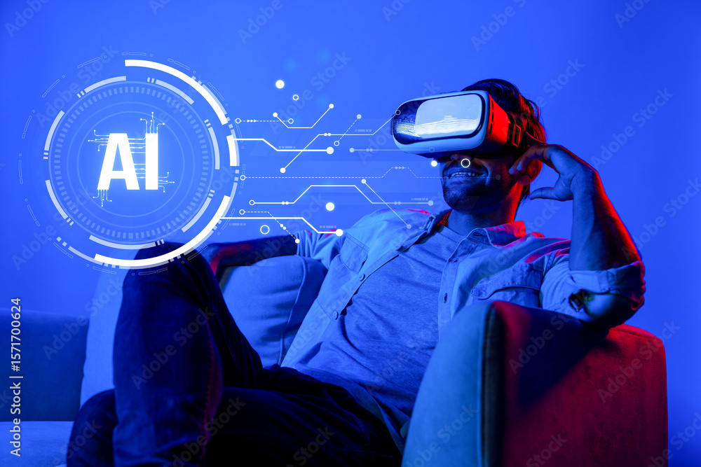 Poster a man relaxes in a modern setting while wearing a virtual reality headset, showcasing the growing in