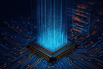 Futuristic processor with glowing blue data streams on a circuit board