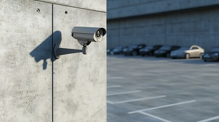 Surveillance camera mounted on concrete wall overlooking a parking lot creates a sense of security