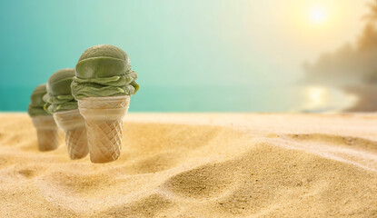 Delicious ice cream in waffle cone on sandy beach with copy space in sand and sea and sky...