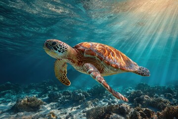 Fototapeta premium Wild turtle gracefully floating over vibrant coral reefs in clear blue waters during bright daylight hours