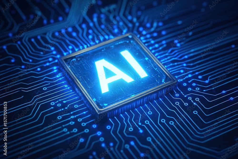Poster glowing ai chip on a blue circuit board symbolizing advanced artificial intelligence and technology