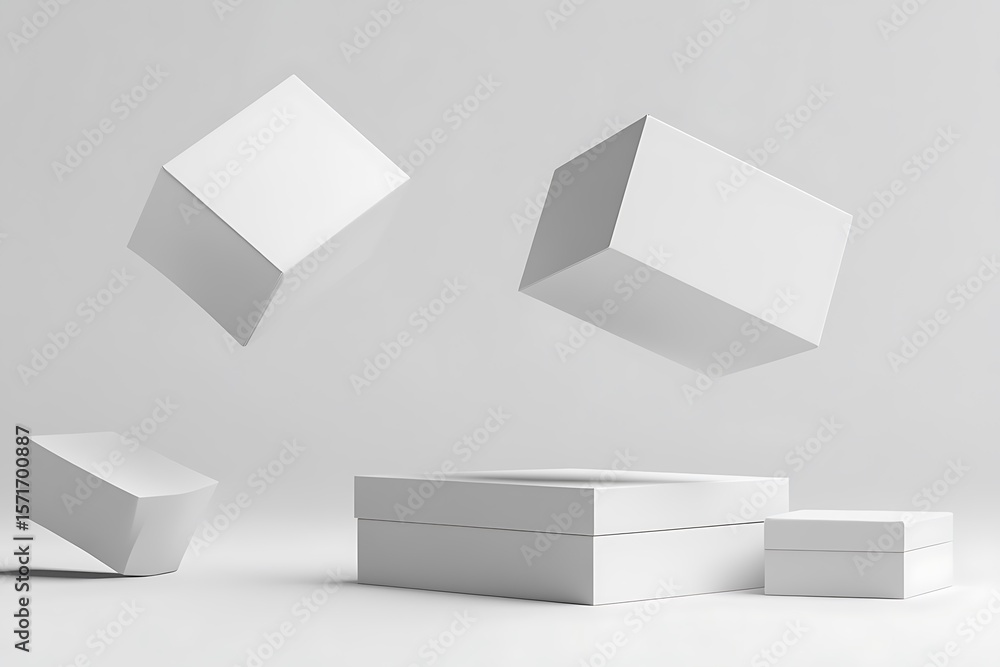 Poster three floating white cubes surround two stacked square platforms against a plain background