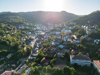 Aerial View of Banska Stiavnica in Slovakia at Sunset