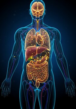 Anatomical illustration of a human body with visible internal organs, including the brain, lungs, heart, liver, and intestines, highlighted with glowing particles.