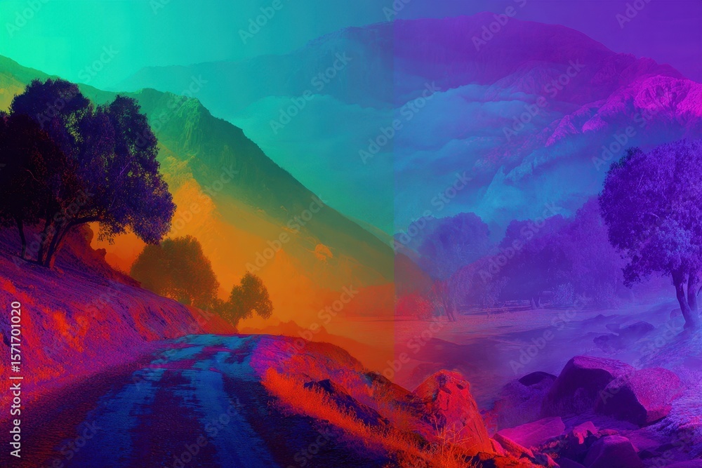 Poster fantasy landscape showcasing vibrant colors and surreal features, blending elements of nature and im