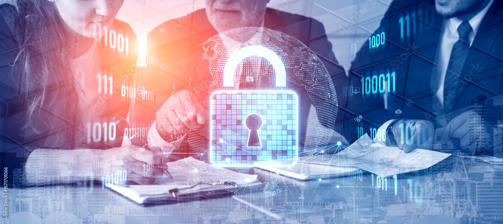 Poster cyber security protects against breaches, hacks, and network attacks using strong infrastructure and