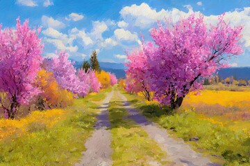 Lush empty road surrounded by vibrant flowering trees under a bright blue sky on a sunny day in early spring months