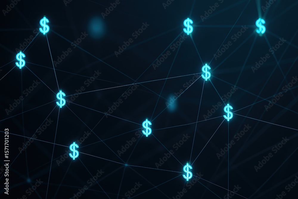 Poster digital network of glowing blue dollar symbols connected by lines on a dark background