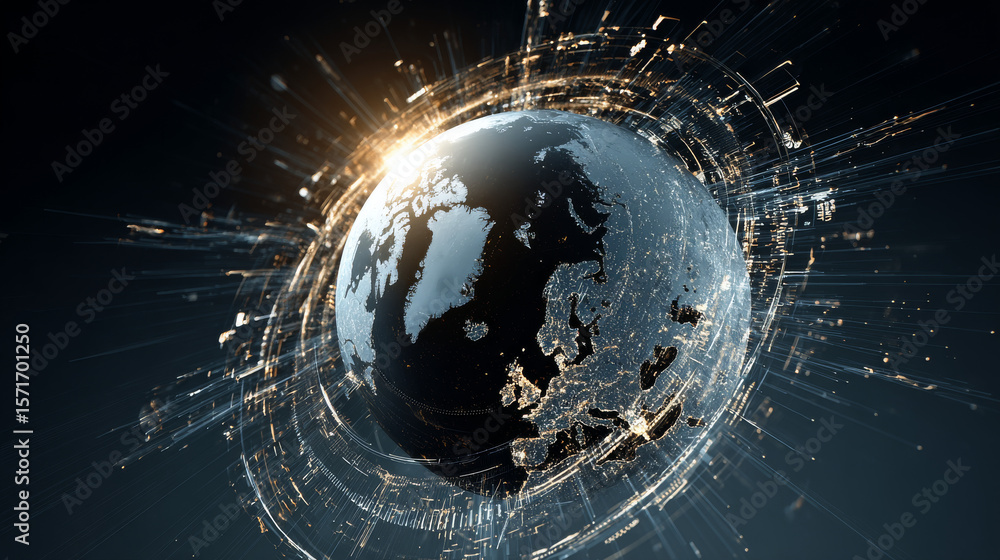 Poster image of rays around illuminated rotating globe in circles, numbers over abstract background. digita