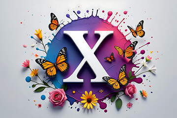 A whimsical and vibrant letter X with a splash background, featuring butterflies and flowers
