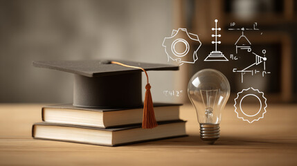 Graduation cap with a lightbulb on the book and icon learning in the classroom. Education learning concepts in school or university. Idea knowledge of innovative technology, science, and mathematics.