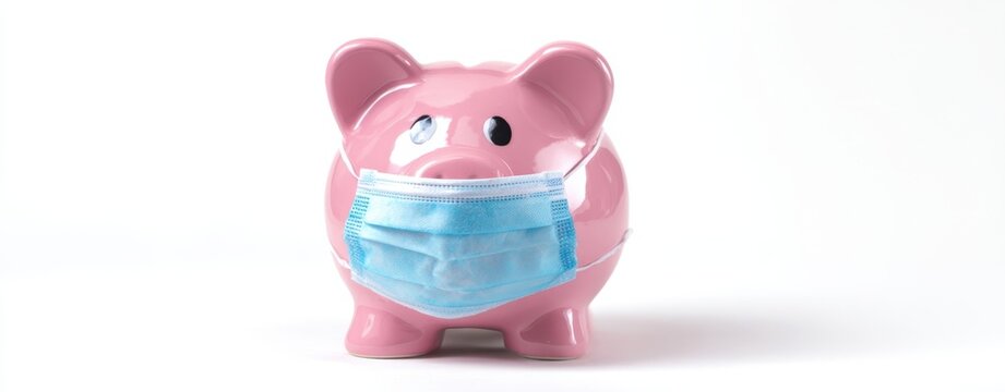 The pink piggy bank wearing a surgical mask symbolizes financial safety during a pandemic.