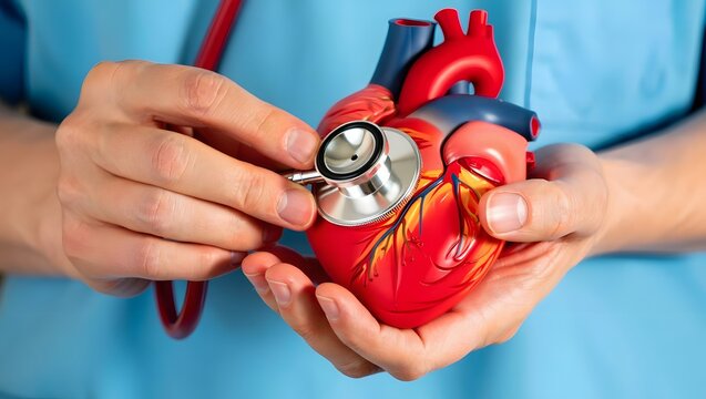 man uses a stethoscope to check the heartbeat. red heart shape exercise ball in hands with doctor physician's stethoscope on chest. hospital life insurance concept, world heart health day. doctor day.
