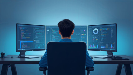 Focused young IT professional works at a sleek setup with three ultra-wide glowing screens displaying code and dashboards, in a cool-toned, minimalist, modern workspace.
