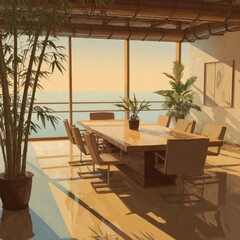 Fototapeta premium Sunny conference room with ocean view, plants, and a long table
