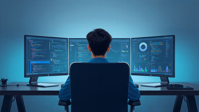 Focused young IT professional works at a sleek setup with three ultra-wide glowing screens displaying code and dashboards, in a cool-toned, minimalist, modern workspace.