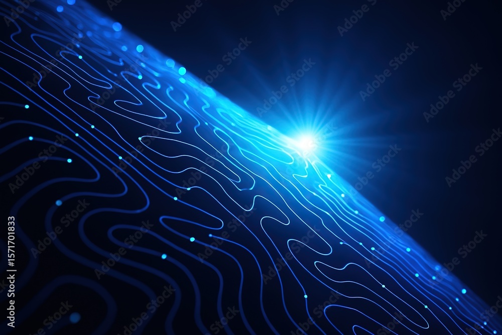 Poster abstract glowing blue lines form a digital topography with a bright light source on a dark backgroun