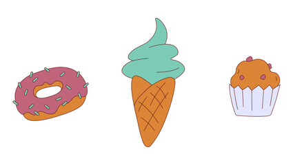 Hand drawn sweet desserts and pastry in flat cartoon stylisation. Vector doodle illustration of snacks in comic style with outline. Isolated fast food elements
