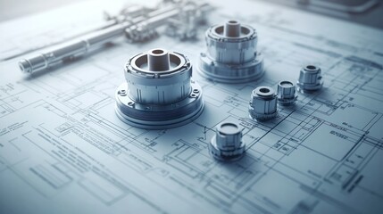 Metal components on technical blueprints