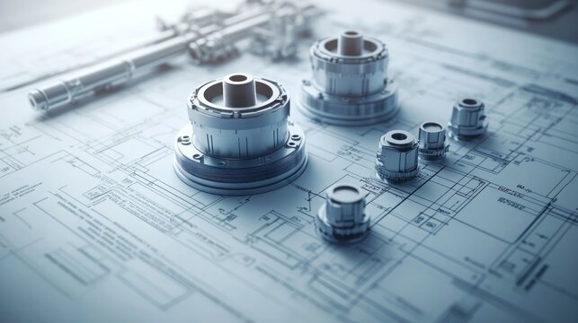 Metal components on technical blueprints