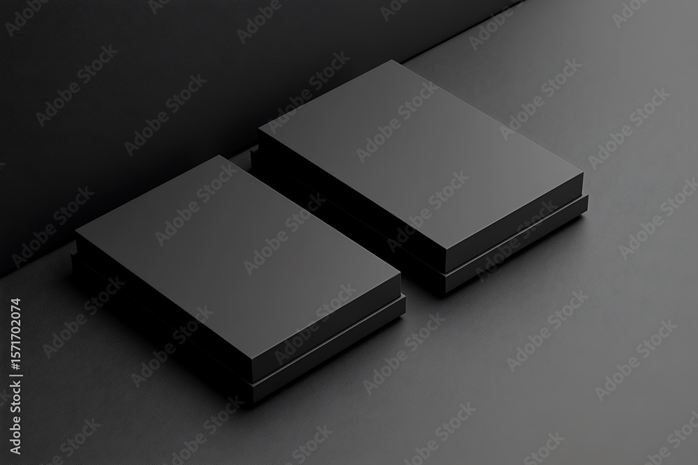 Poster two elegant rectangular black boxes rest upon a textured dark surface in a minimalist setting