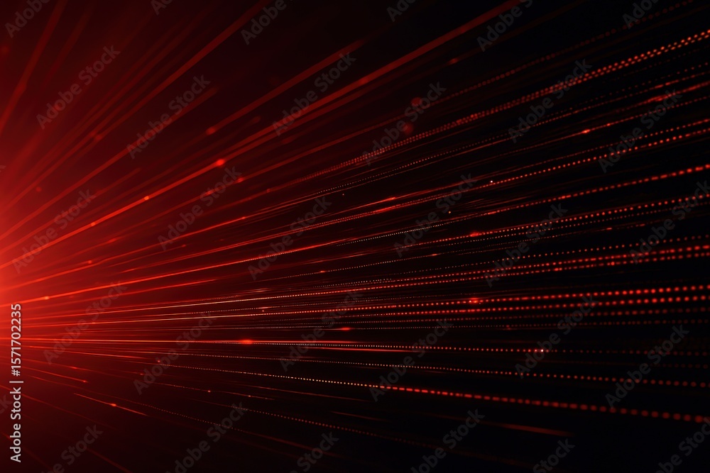 Poster abstract red light streaks and particles emanating from a bright source in a dark digital space
