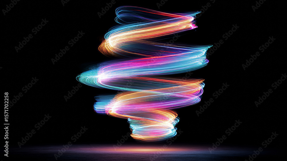 Poster neon tornado on a dark background. vector image of colorful light trails with motion blur effect, lo