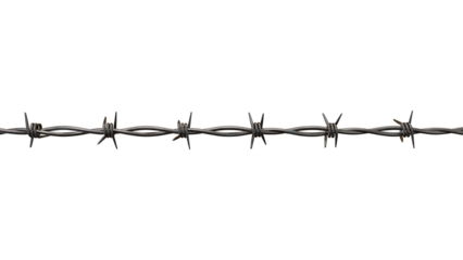 transparent background highlights sharp metal of barbed wire fence, evoking security and restriction within the minimalist composition.