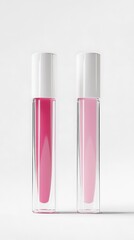 Obraz premium Two transparent cosmetic bottles contain pink liquid and showcase sleek, modern packaging against white