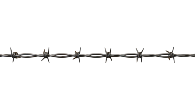 transparent background highlights sharp metal of barbed wire fence, evoking security and restriction within the minimalist composition.