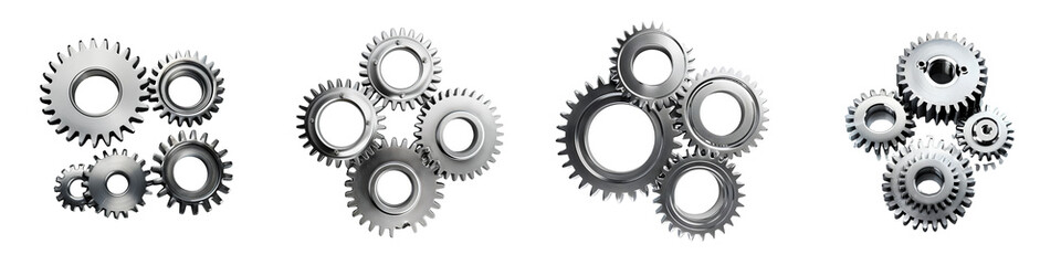 Set of realistic 3D metal gear wheels in various mechanical combinations, isolated on transparent background

