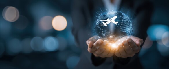 The Hands Supporting a Digital Globe with Airplane Symbolizing Global Travel.