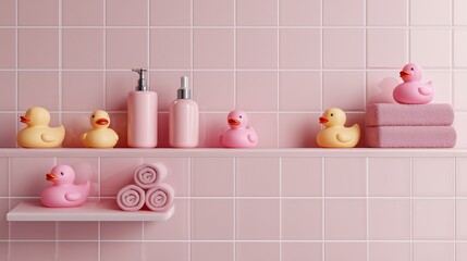 Charming pink bathroom display featuring colorful rubber ducks, towels, and toiletries on tiled shelves, creating a playful ambiance.