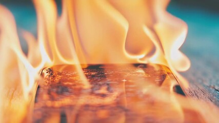 A smartphone ignites while charging, creating flames and smoke on a wooden surface, raising alarms about electronic device safety.
