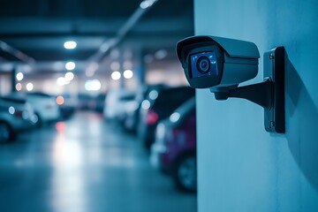 Wallmounted security camera overlooks a parking garage area with cars parked beneath bright lights