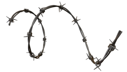 Barbed wire gracefully arches across a transparent background, showcasing sharp thorns and metallic texture against transparent space.