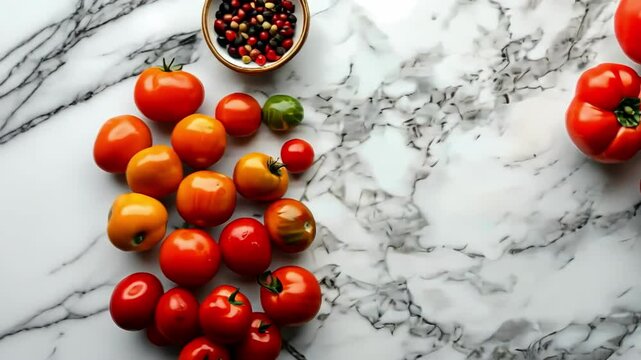 Fresh vegetables on a marble surface, peppers, tomatoes, zucchini