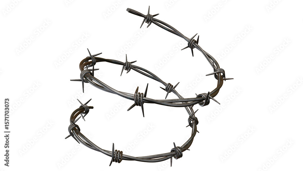 Poster barbed wire strand spirals across a transparent transparent background, showcasing rusty textures an