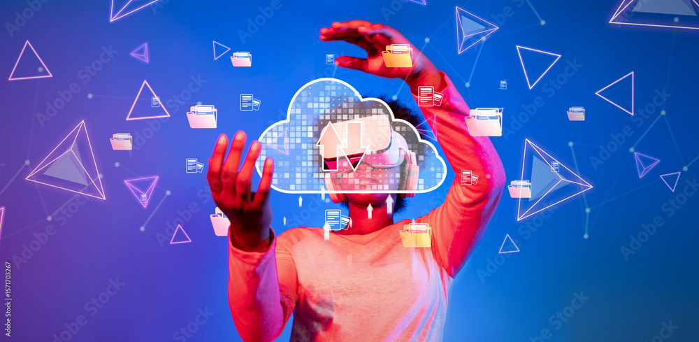 Poster this image showcases a user engaging with a cloud computing concept, highlighting online storage and