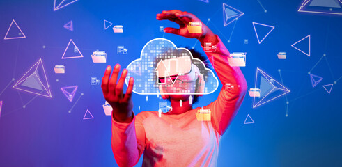 This image showcases a user engaging with a cloud computing concept, highlighting online storage...